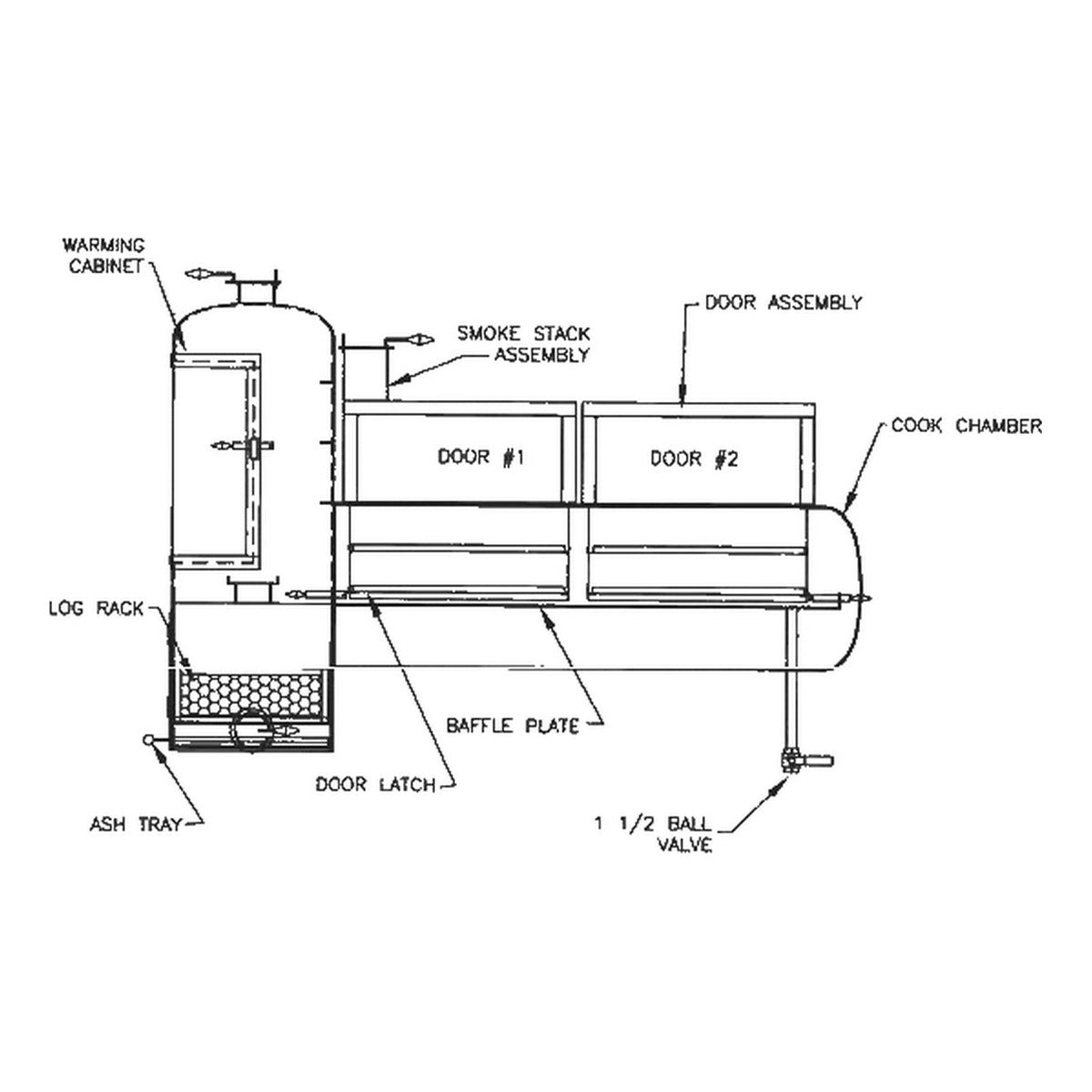 150 gallon reverse flow smoker plans with warming cabinet, main assembly drawing, firebox left