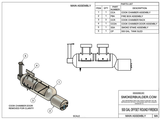 blueprint page showing 500 gallon offset smoker