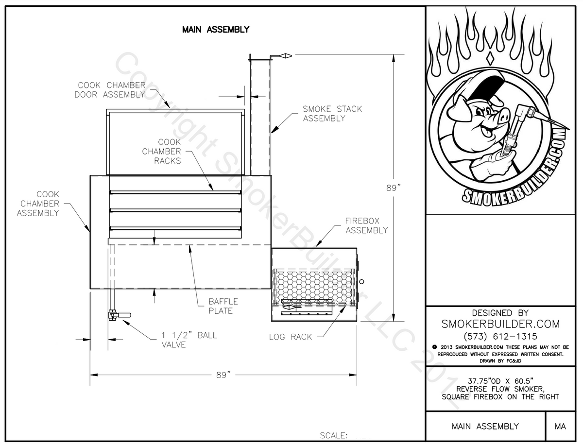 37" Diameter By 60.5" Long Pipe Reverse Flow Smoker Square Fire Box Right Side