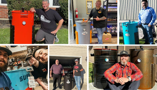 collage of happy customers with their super55 drum smokers