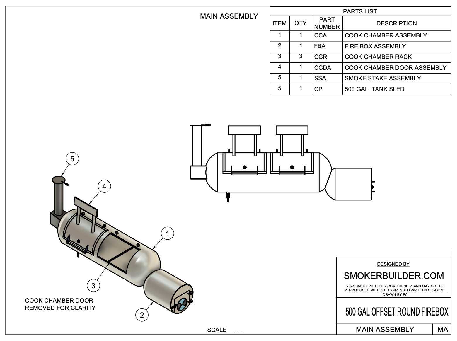 blueprint page showing 500 gallon offset smoker