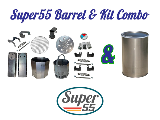 transparent background image of super55 drum smoker kit with a 55 gallon barrel.